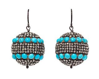A Pair of Silver, Gold, Diamond and Turquoise Ear Pendants, 12.80 dwts.