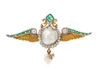 An Edwardian Platinum Topped Gold, Emerald, Diamond and Pearl Pendant/Brooch, 13.70 dwts.
