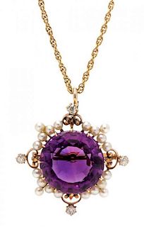 An Edwardian Yellow Gold, Amethyst, Seed Pearl, and Diamond Pendant/Brooch, 6.20 dwts.