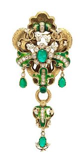 A Victorian Yellow Gold, Emerald, Diamond and Polychrome Enamel Brooch, 19.80 dwts.