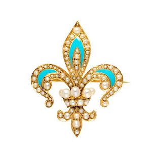 * A Yellow Gold, Seed Pearl and Enamel Fleur-de-Lys Brooch, 2.70 dwts.