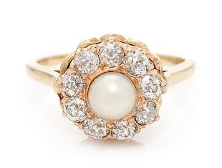 * A Yellow Gold, Pearl and Diamond Ring, 3.40 dwts.