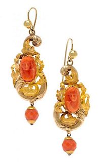 A Pair of Yellow Gold and Coral Pendant Earrings, 6.30 dwts.