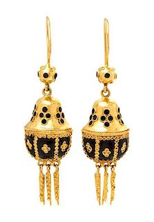 A Pair of Etruscan Revival Yellow Gold and Enamel Pendant Earrings, 3.40 dwts.