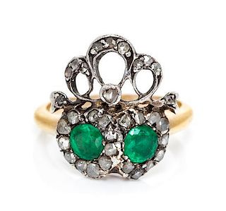 A Victorian Silver, Gold, Emerald and Diamond Double Heart Ring, Circa 1880, 2.70 dwts.