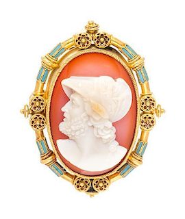 An Etruscan Revival Yellow Gold, Agate Cameo and Polychrome Enamel Brooch, 15.00 dwts.