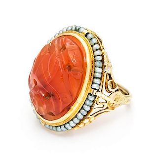 A Yellow Gold, Seed Pearl and Agate Ring, 4.60 dwts.