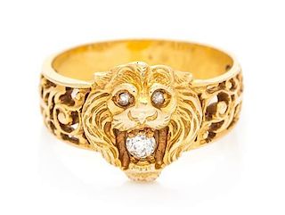 An Art Nouveau Yellow Gold and Diamond Lion Head Ring, 3.90 dwts.