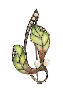 An Art Nouveau Silver, Plique-a-jour and Seed Pearl Brooch, 2.50 dwts.