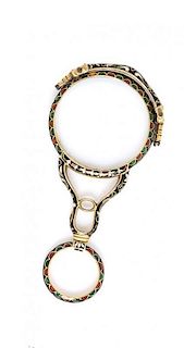 A Yellow Gold and Polychrome Enamel Lorgnette, 16.20 dwts.