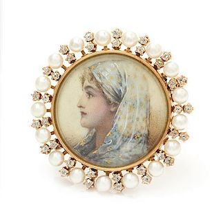 * A Yellow Gold, Pearl and Diamond Portrait Miniature Brooch, 6.60 dwts.