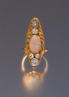 An Art Nouveau Yellow Gold, Opal and Diamond Ring, 3.00 dwts.