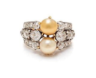 An Edwardian Platinum Topped Gold, Natural Pearl and Diamond Ring, Tiffany & Co., 5.40 dwts.