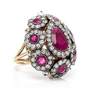 A Silver Topped Gold, Ruby, Pearl and Diamond Dome Ring, 12.60 dwts.