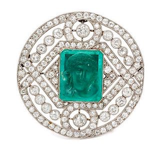 * A Platinum, Diamond and Emerald Cameo Brooch, 11.70 dwts.