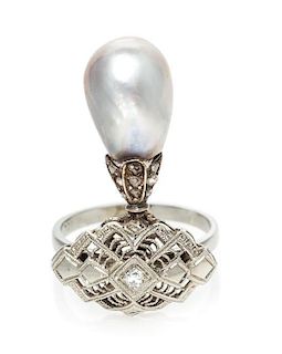 A White Gold, Baroque Pearl and Diamond Ring, 2.70 dwts.
