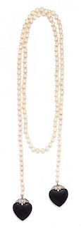 * A Platinum, Onyx, Diamond and Cultured Pearl Lariat Necklace, 40.70 dwts.