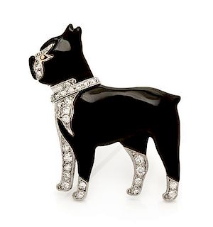 * An Art Deco Platinum, Diamond and Enamel Boston Terrier Dog Brooch, 5.80 dwts.