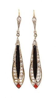 A Pair of Art Deco Platinum Topped Gold, Onyx, Coral and Diamond Earrings, 4.10 dwts.