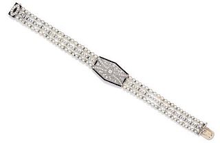 An Art Deco Platinum, Natural Pearl, Onyx and Diamond Bracelet, Georges Fouquet, 10.00 dwts.