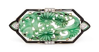 An Art Deco Platinum Topped Gold, Jade, Diamond and Polychrome Enamel Brooch, 7.60 dwts.