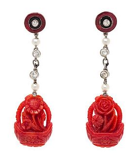 A Pair of Art Deco Platinum, Coral, Diamond, Pearl and Polychrome Enamel Pendant Earrings, 6.40 dwts.
