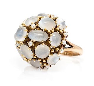 A Retro Yellow Gold, Moonstone and Seed Pearl Bombe Ring,