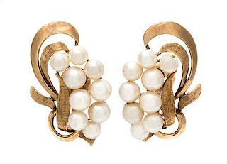 * A Pair of Yellow Gold and Cultured Pearl Earclips, 13.90 dwts.