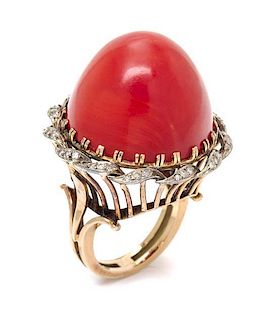 * A Fine Yellow Gold, Coral and Diamond Bombe Ring, 13.60 dwts.