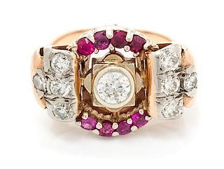A Retro Rose Gold, Platinum, Ruby and Diamond Ring, 5.30 dwts.