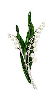 * A Platinum, Cultured Pearl, Diamond and Enamel Lily-of-the-Valley Brooch, Udall and Ballou, 12.30 dwts.