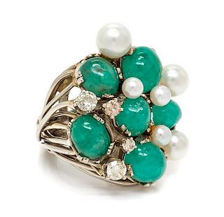 A White Gold, Emerald, Cultured Pearl and Diamond Ring, 12.00 dwts.