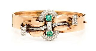 * A Retro Rose Gold, Emerald and Diamond Bangle Bracelet, 26.90 dwts.