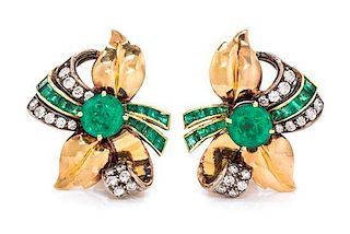 A Pair of Retro Yellow Gold, Emerald and Diamond Earclips, 8.10 dwts.
