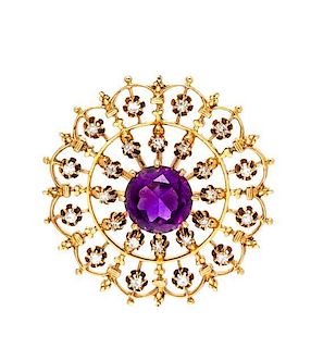 A Yellow Gold, Amethyst and Diamond Pendant/Brooch, 11.40 dwts.