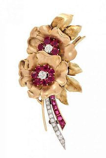 A Rose Gold Ruby and Diamond Brooch, 14.40 dwts.