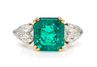 A Fine Platinum, Yellow Gold, Colombian Emerald and Diamond Ring, 4.20 dwts.