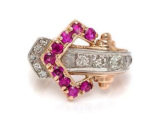 A Retro Platinum Topped Rose Gold, Ruby and Diamond Ring, 3.90 dwts.