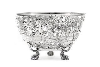 * An Irish Silver Centerpiece Bowl, Crichton Brothers, Dublin, 1912, the deep circular bowl pierced and chased with a farm scene