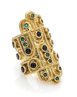 An 18 Karat Yellow Gold, Emerald and Sapphire Ring, Lalaounis, 13.60 dwts.