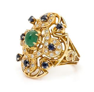 An 18 Karat Yellow Gold, Emerald, Sapphire and Diamond Ring, Lalaounis, 8.05 dwts.