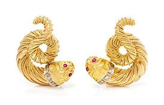A Pair of 18 Karat Yellow Gold, Ruby and Diamond Chimera Earclips, Lalaounis, 17.30 dwts.