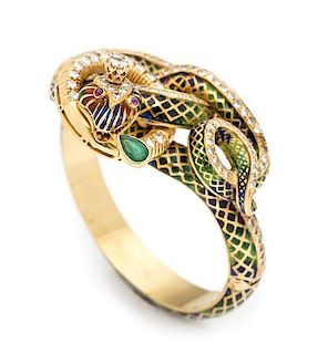 * An 18 Karat Yellow Gold, Diamond, Emerald, Ruby and Polychrome Enamel Serpent Bracelet, 58.80 dwts.