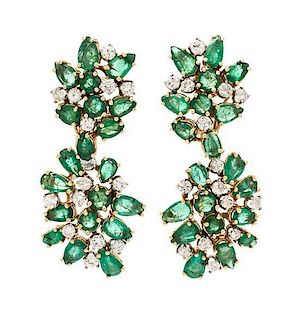 A Pair of Yellow Gold, Emerald and Diamond Convertible Day/Night Earclips, 11.30 dwts.