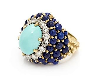 An 18 Karat Yellow Gold, Turquoise, Diamond and Lapis Lazuli Bombe Ring, La Triomphe, 12.20 dwts.