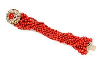 A Yellow Gold, Diamond and Coral Multistrand Bracelet,