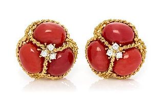 A Pair of 18 Karat Yellow Gold, Coral and Diamond Earclips, Italian, 16.20 dwts.