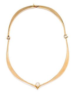 A Modernist Yellow Gold and Cultured Pearl Collar Necklace, Ed Wiener, 17.10 dwts.