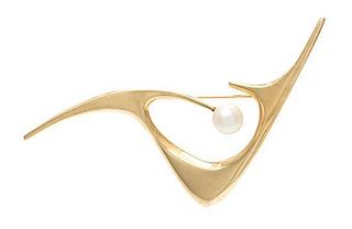 A Modernist Yellow Gold and Cultured Pearl Brooch, Ed Wiener, Circa 1957, 7.90 dwts.