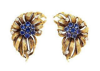 A Pair of 18 Karat Yellow Gold, Fancy Sapphire and Diamond En Tremblant Earclips, 14.20 dwts.